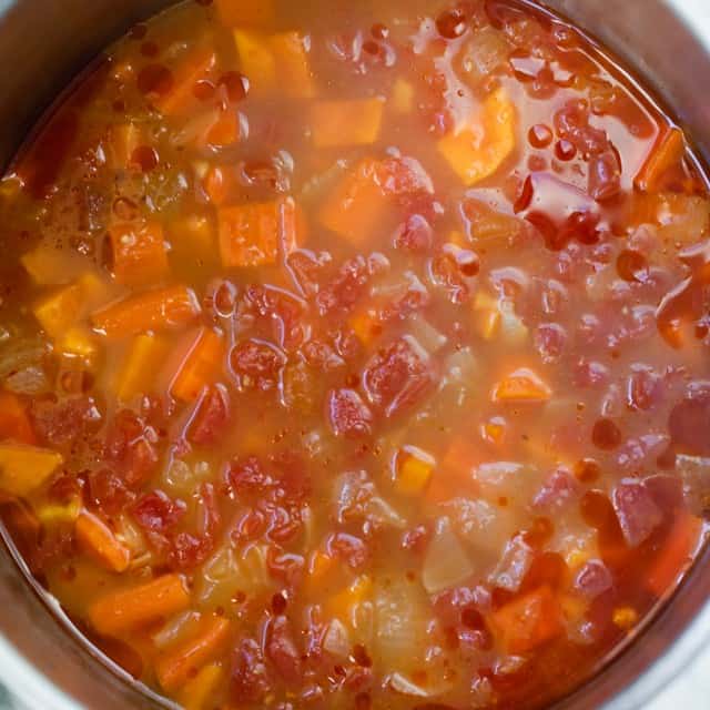 Soup in pot before adding cauliflower.