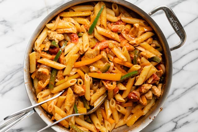 Chicken Fajita Pasta in a skillet ready to serve