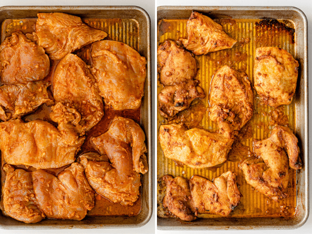 The marinated chicken on a sheet pan before and after roasting