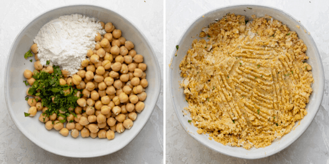 The ingredients in a white bowl before and after being mixed