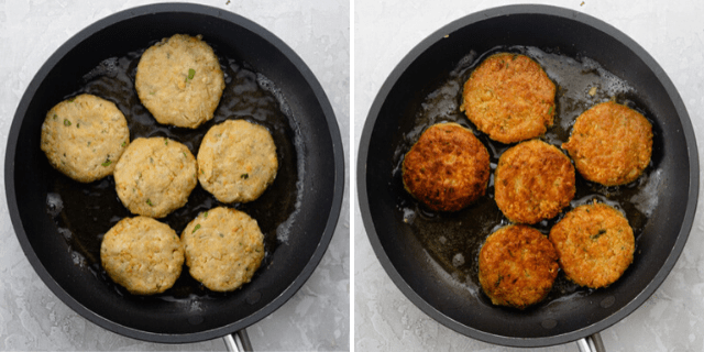 Chickpea fritters in a pan before and after cooking