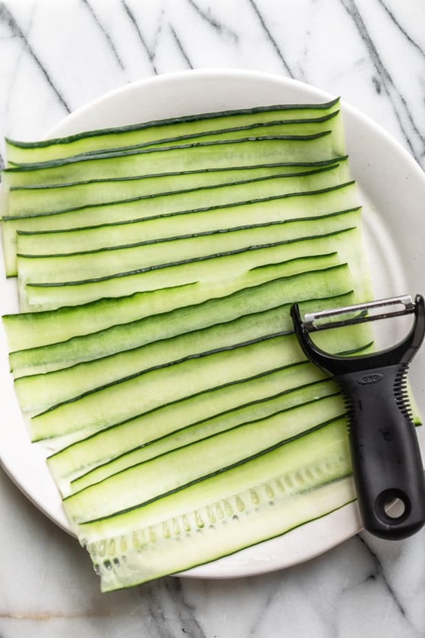 Strips of cucumber on a plate