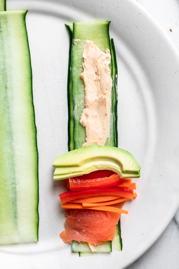 The fillings added to the top of the strips of cucumber