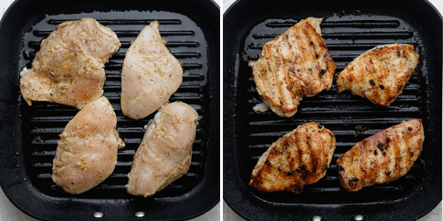 The chicken breast being grilled on each side