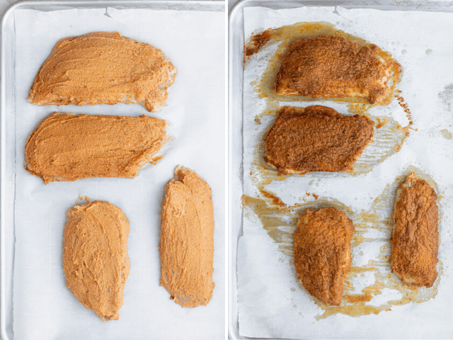 The hummus crusted chicken before and after baking