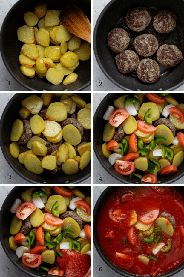 Step by step photos to show how to make the kafta and potato stew