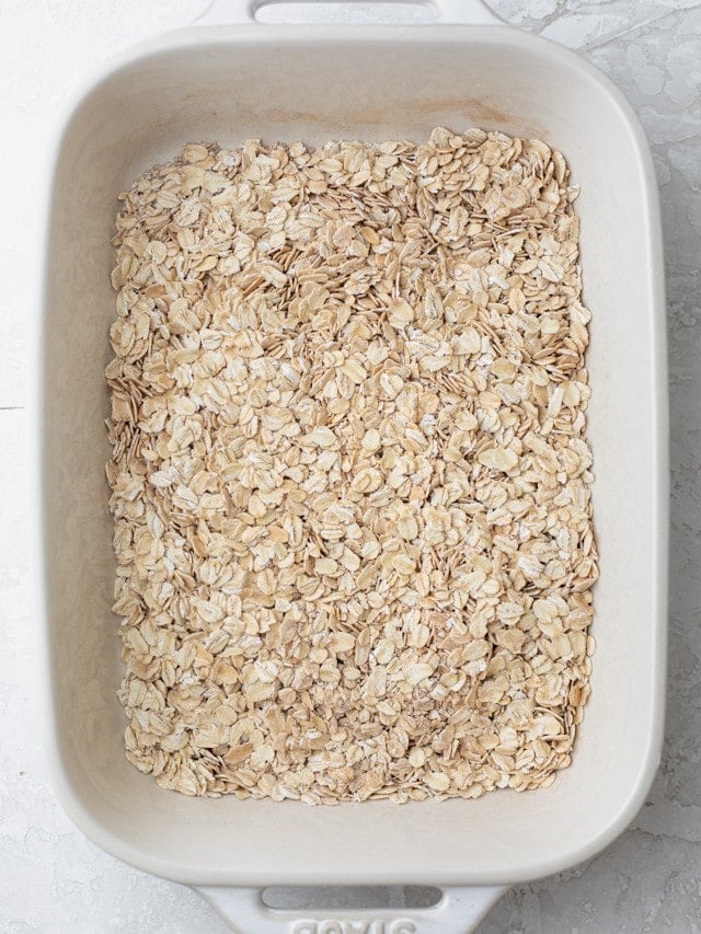 Dry ingredients in a baking dish.