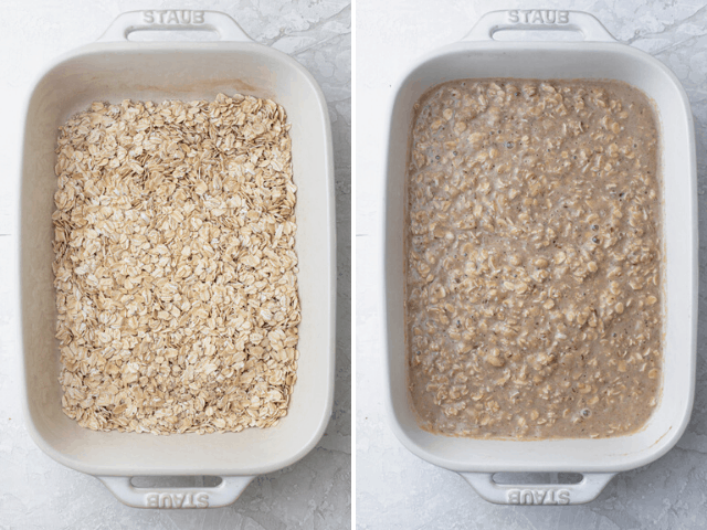 The dry oatmeal in a baking dish and the wet ingredients added to it.