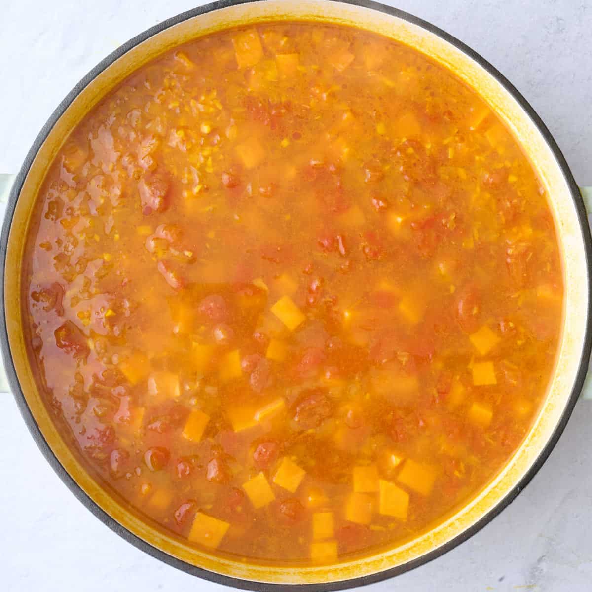 The pot of soup after cooking down.