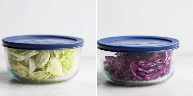 Collage of green and purple cabbage stored in tupperware