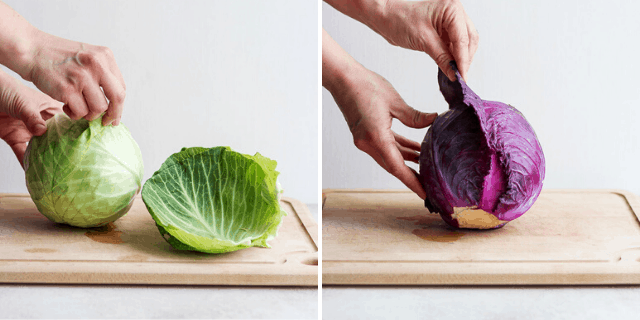 Removing the outer layer of the cabbage - collage of green and purple cabbage