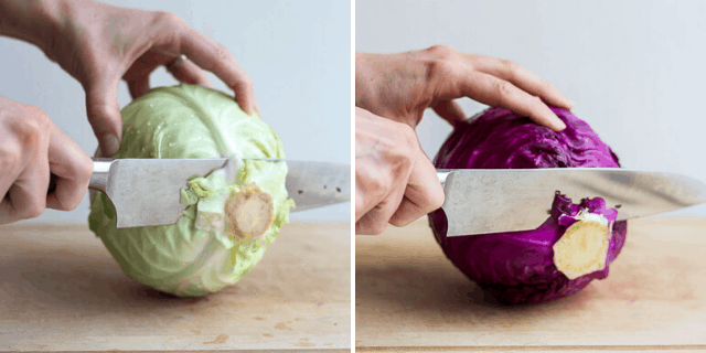 Cutting the cabbage stem off - collage of green and purple cabbage