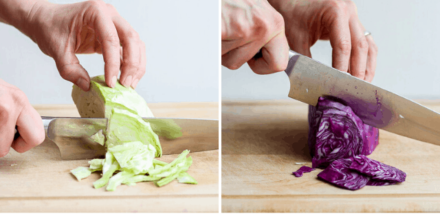 Knife slicing the cabbage thinly
