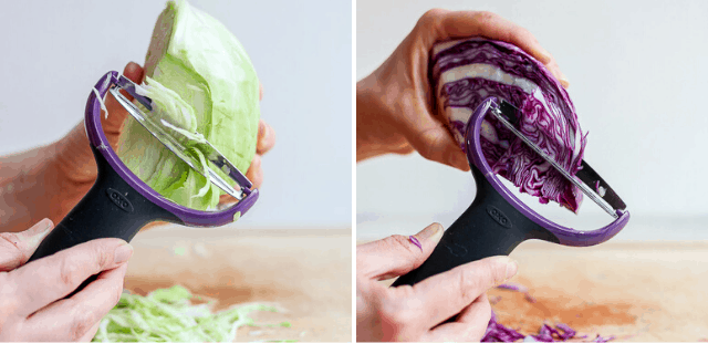 Collage of green and purple cabbage being shrredded using a peele