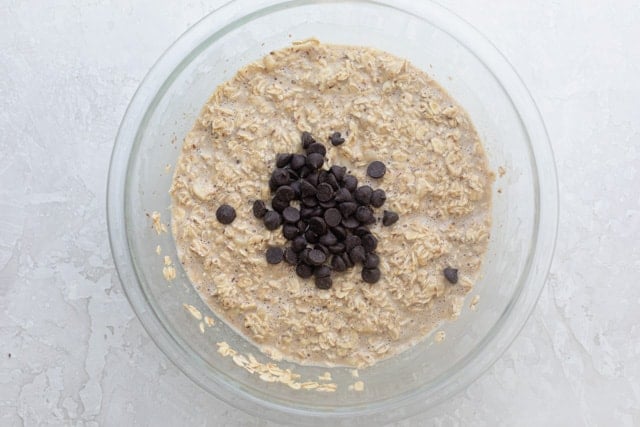 The oatmeal mixture in a bowl with chocolate chips