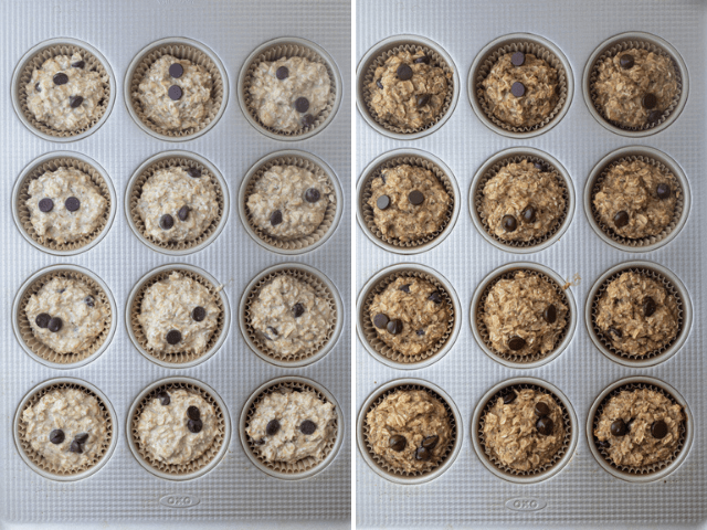 The oatmeal cups in a muffin tray before and after baking