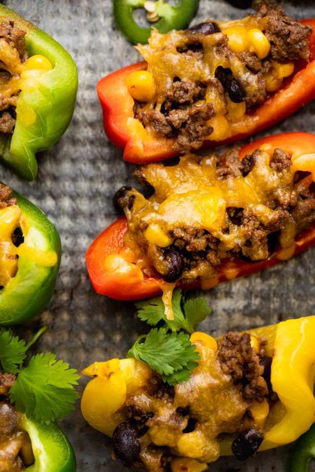 Close up of the baked bell pepper nachos