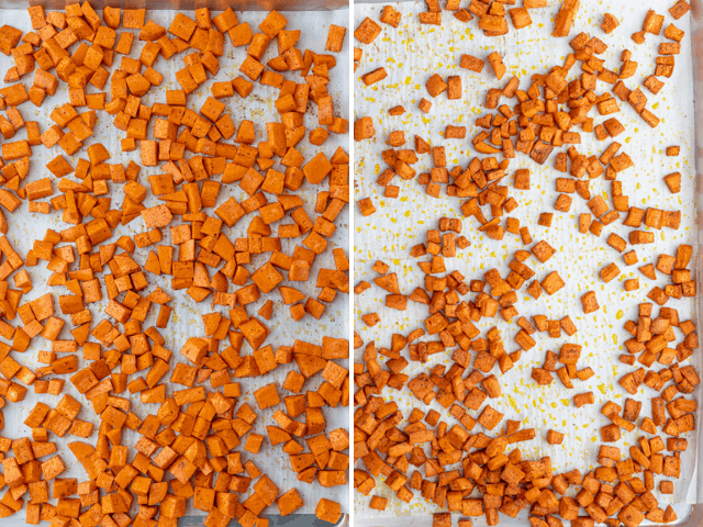 Sweet potato cubes before and after roasting