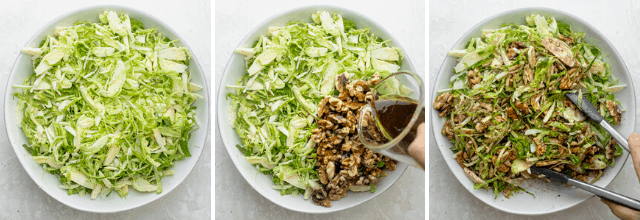 Tossing the Brussels sprouts with the dressing
