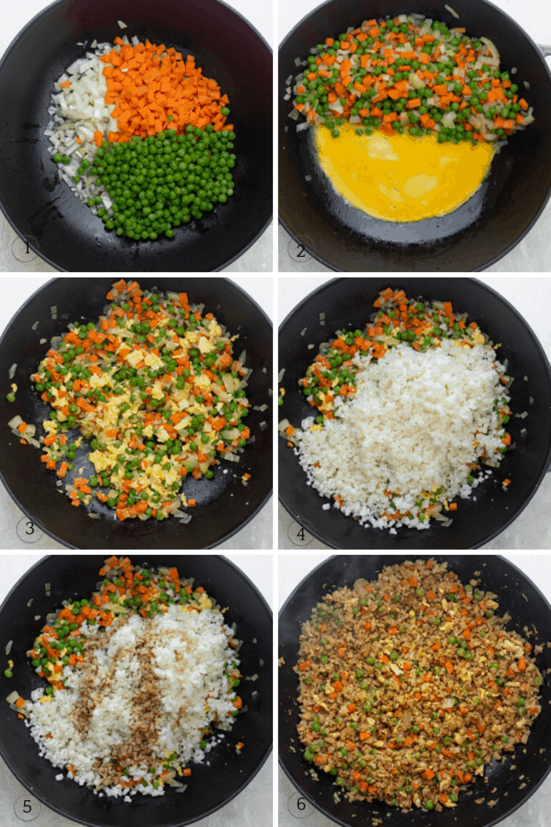 Process shots to show how to make cauliflower fried rice