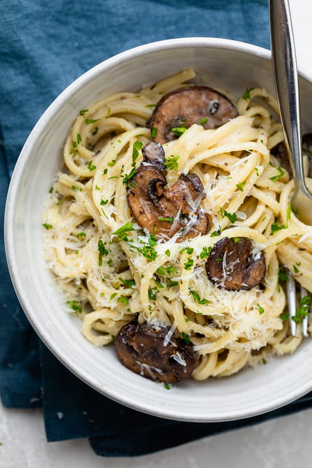 overhead shot of pasta with mushrooms