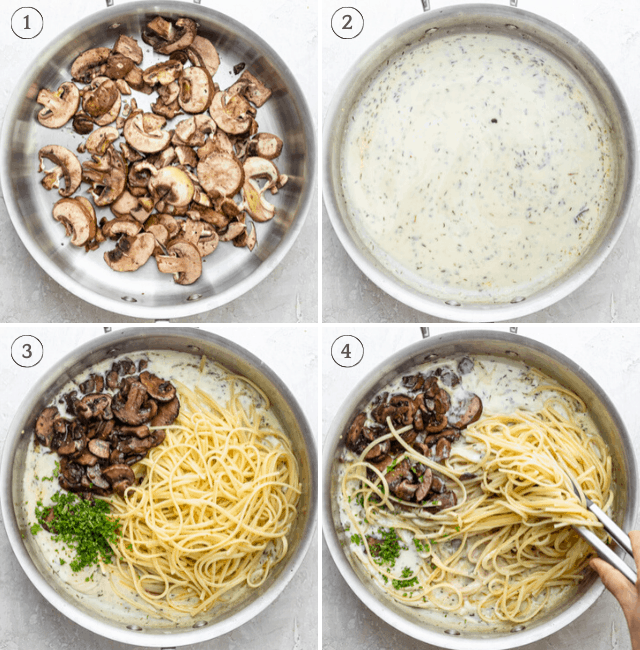 process shots of making creamy mushroom pastsa