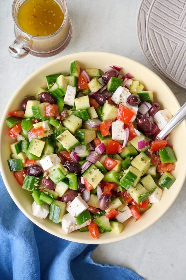Greek Salad in a large shallow serving bowl.