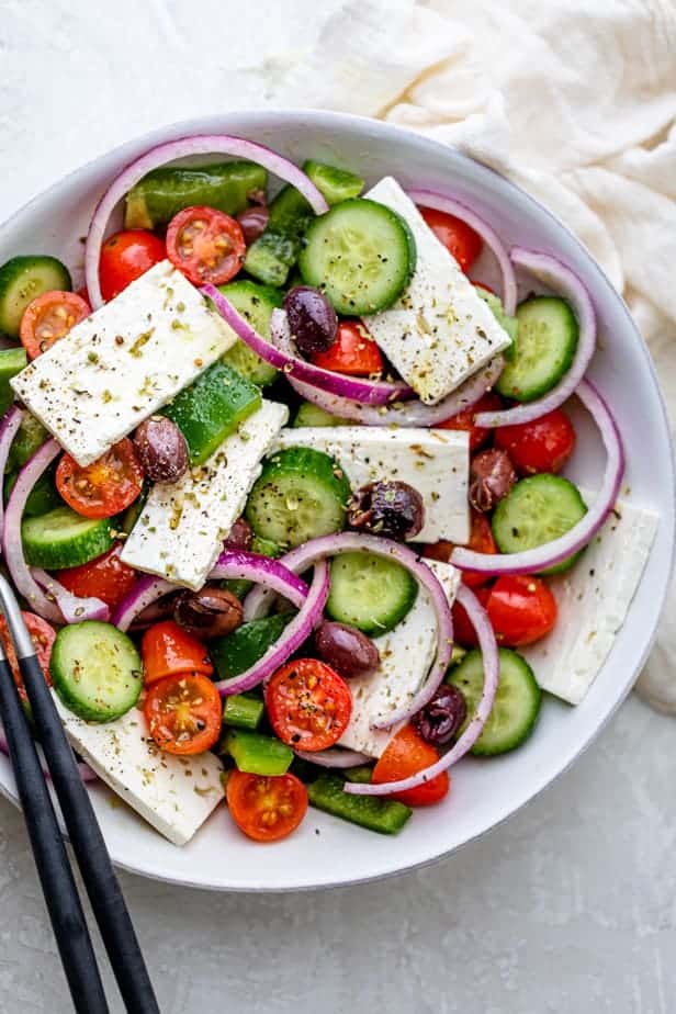 Large bowl of authentic Greek Salad before serving