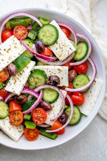 Close up shot of colorful Greek Salad with fresh vegetables