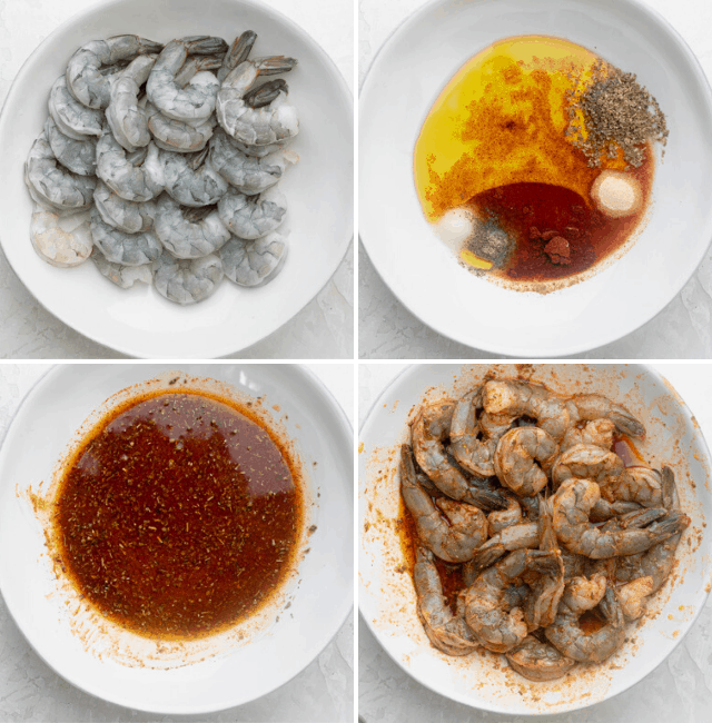 Four shots to show how to marinate the shrimp