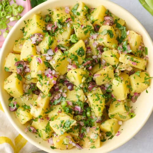 Potato salad in a serving bowl with parsley on top and extra ingredients around.