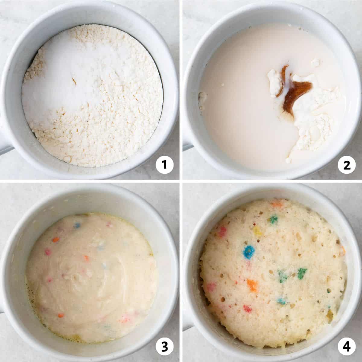 Step by step shots for how to make a mug cake