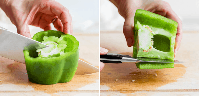 side by side picture of knife cutting through a green pepper and a knife cutting out a pepper core