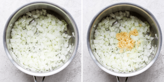 side by side shot of chopped onions in a pot next to chopped onions in a pot with garlic