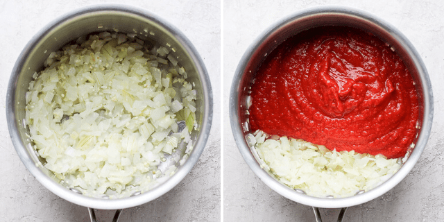 side by side shot of onion in a pot and onion with tomato sauce in a pot