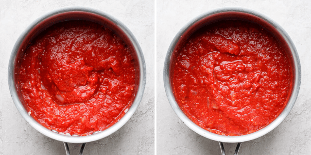 two pots side by side with marinara sauce in them