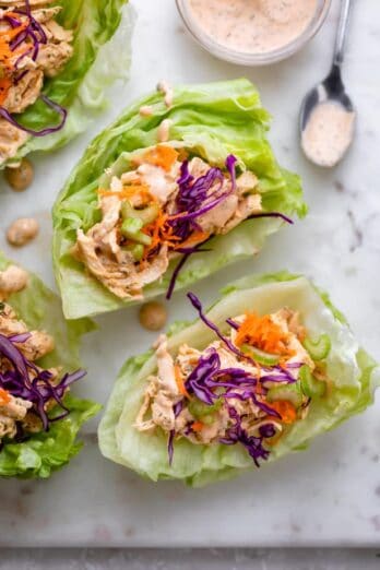 Close up of the buffalo chicken salad in iceberg lettuce