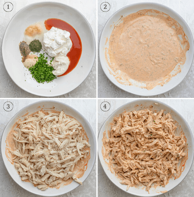 Collage of the steps to make the buffalo ranch dressing, mix it, then add the shredded chicken on top and mix