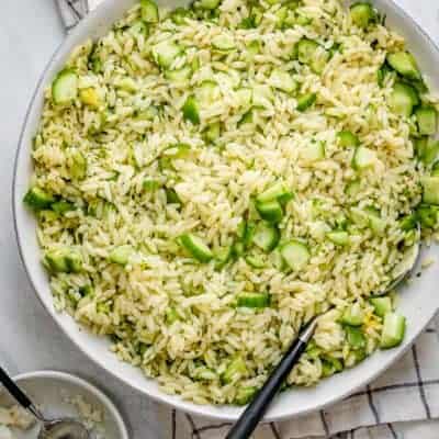 Large bowl of cucumber lemon orzo salad