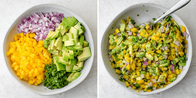 Process shots to show the mango avocado salsa before and after mixing