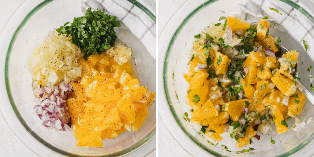 Collage showing all the ingredients for the citrus salsa before and after mixing