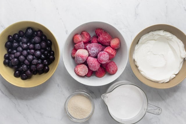 Ingredients to make the recipe: berries, yogurt, milk and sugar