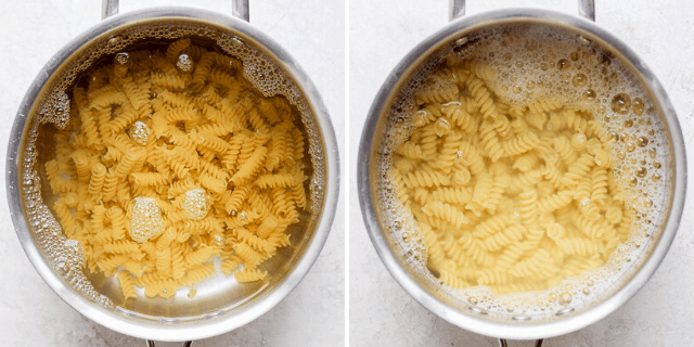 side by side shot of pasta cooking in pots