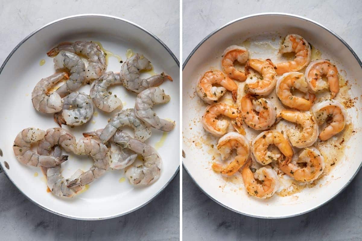 2 image collage to show the shrimp before and after cooking