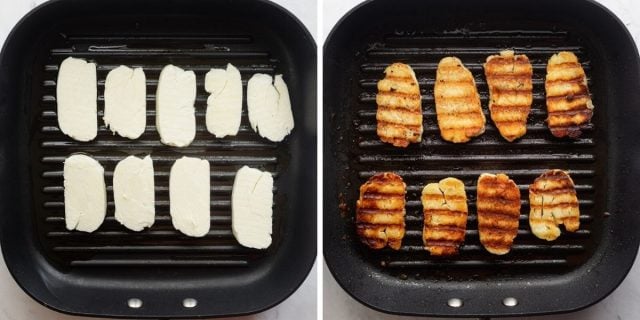 Grill pan showing how to grill the halloumi before and after grilling