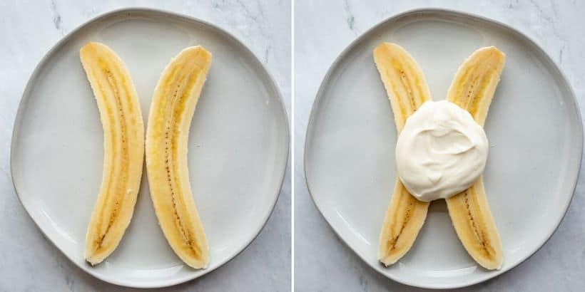 Collage or two images showing the split banana and then topped with the yogurt/honey mixture