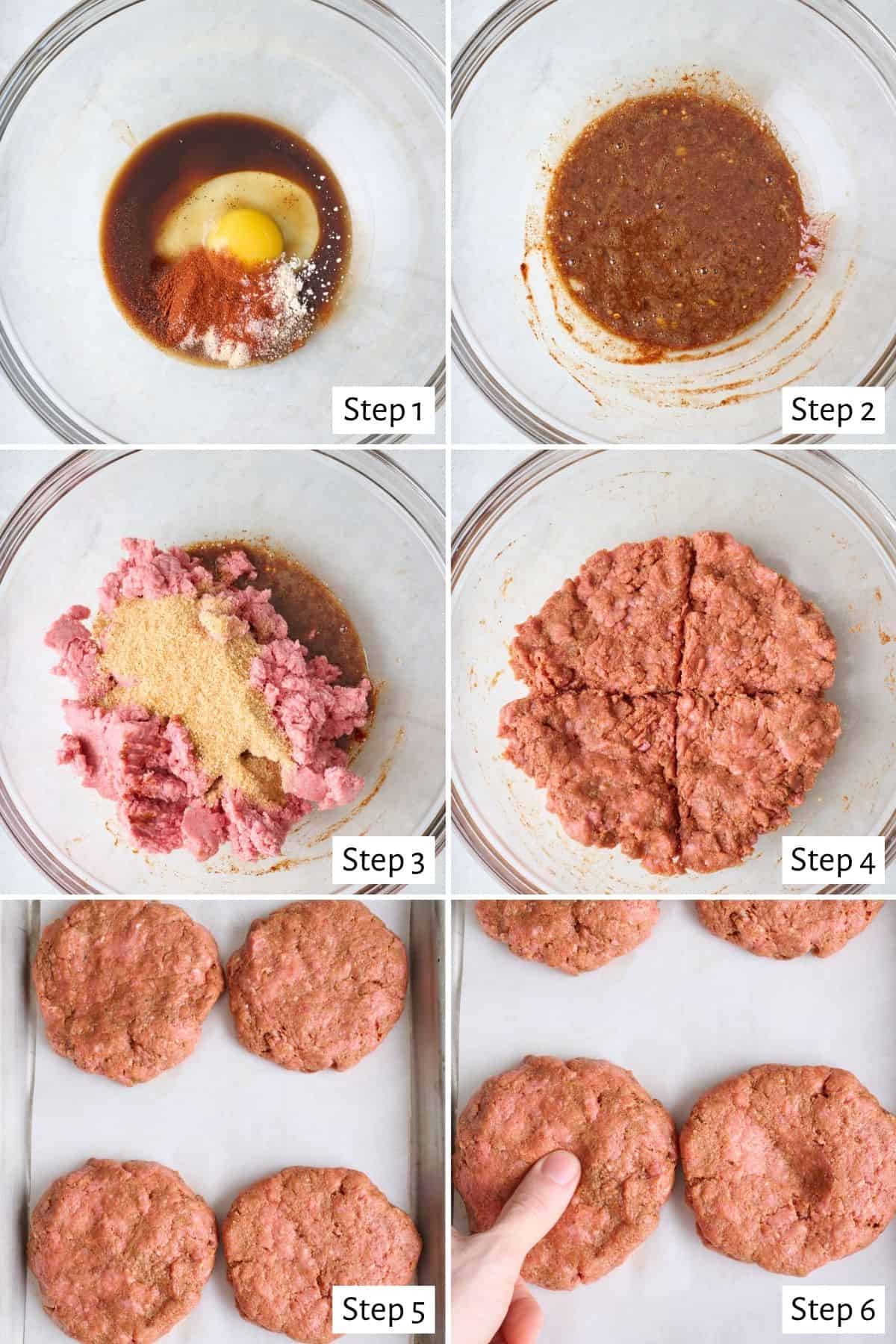 6 image collage making recipe: 1- sauce and seasonings in a bowl, 2- after mixing together, 3- ground beef and breadcrumbs added, 4- after combining and split into 4 sections, 5- patties formed o a baking sheet, 6- pressing an indention with thumb into center of patties.