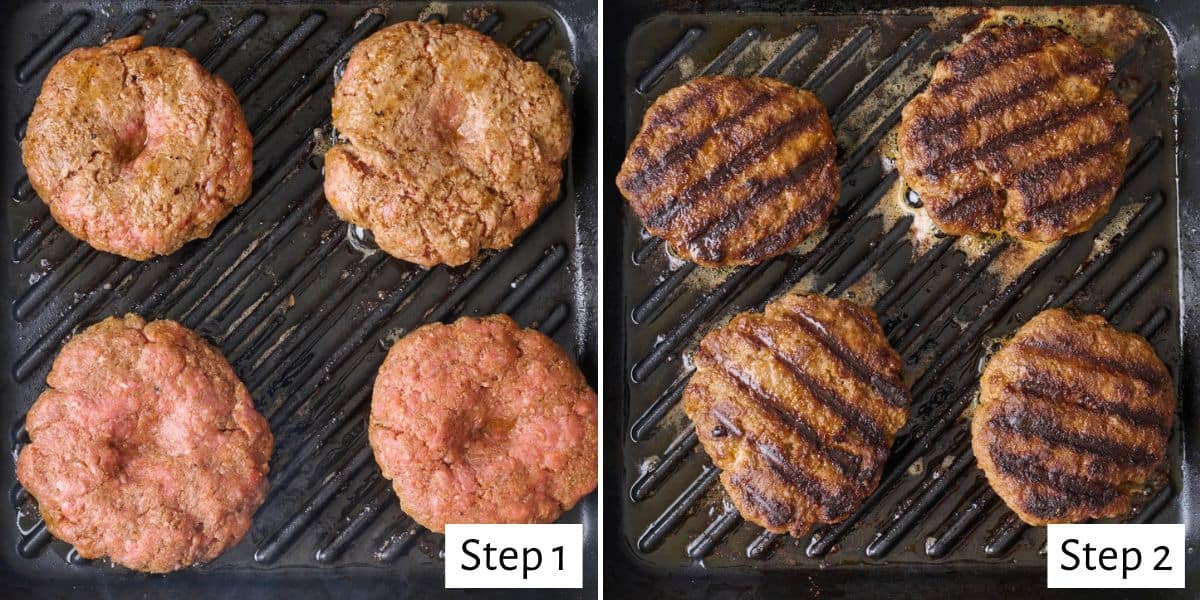 2 image collage of patties on a grill pan before and after flipping.