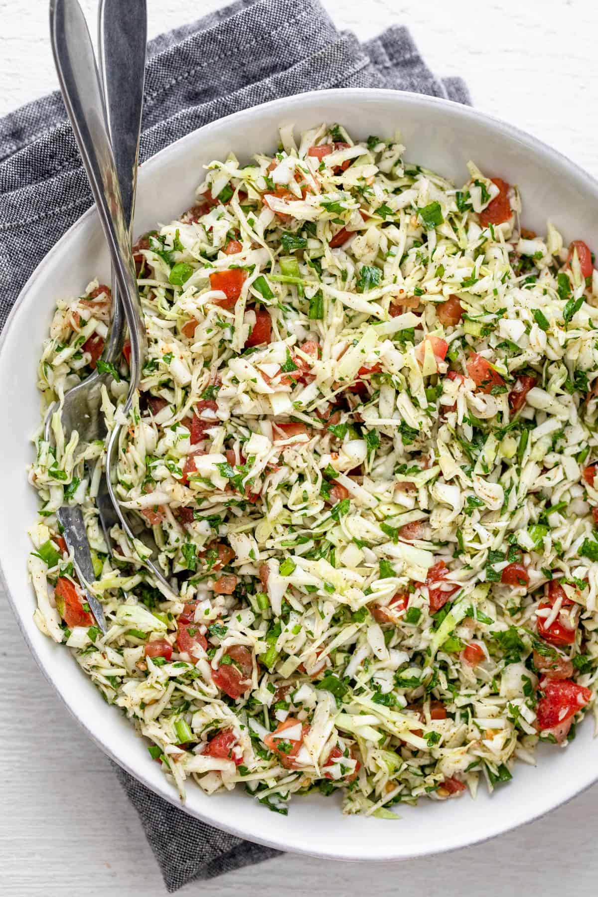 Large bowl of the tossed lebanese cabbage salad