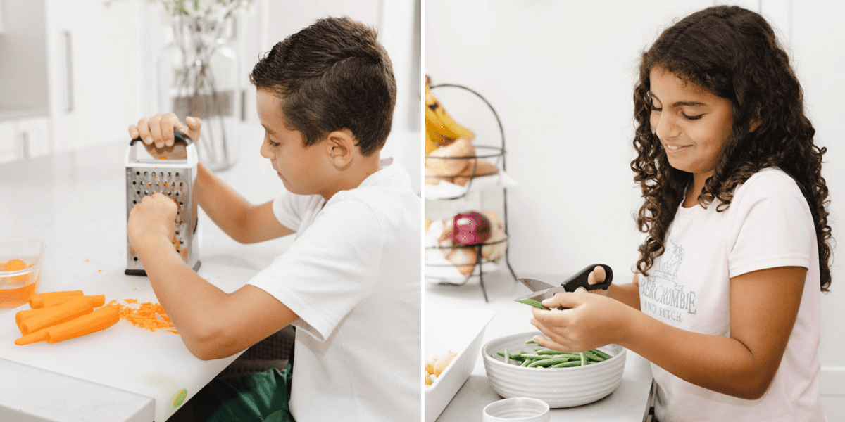 2 image collage of kids helping in the kitchen